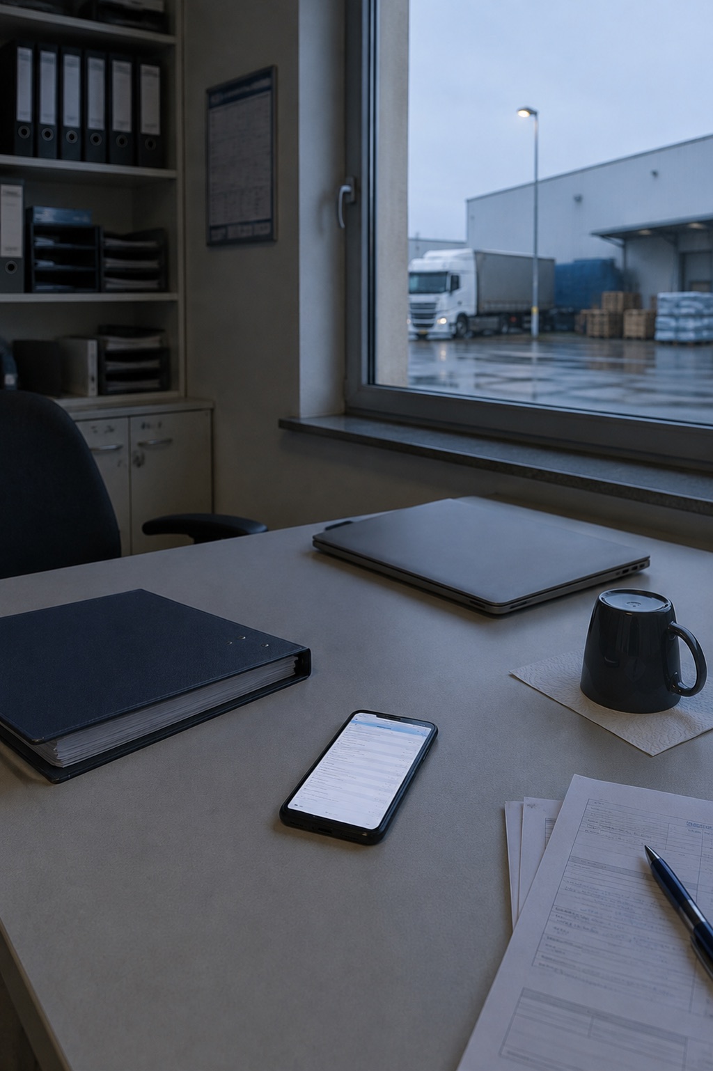 An office at dusk overlooking a storage yard where a truck is making a delivery