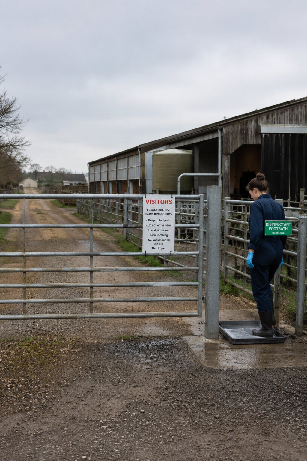 An employee uses a disinfection footbath at a farm gate, a barn building in the background
