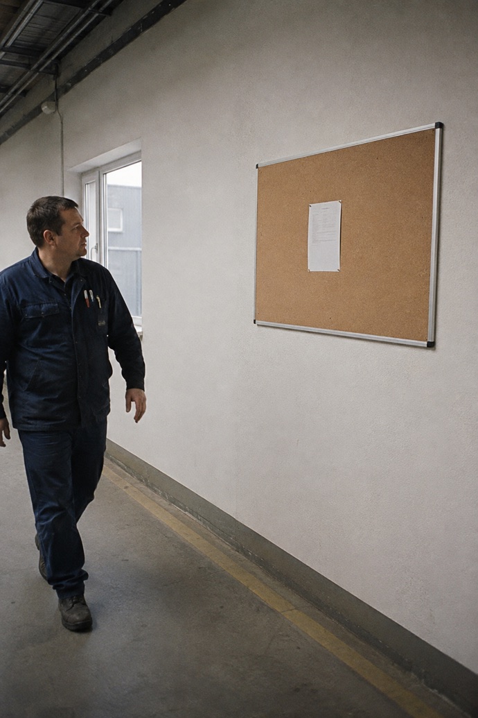 Civil engineering: frost and building materials in view An employee walks past a noticeboard with a posted sheet in a factory corridor