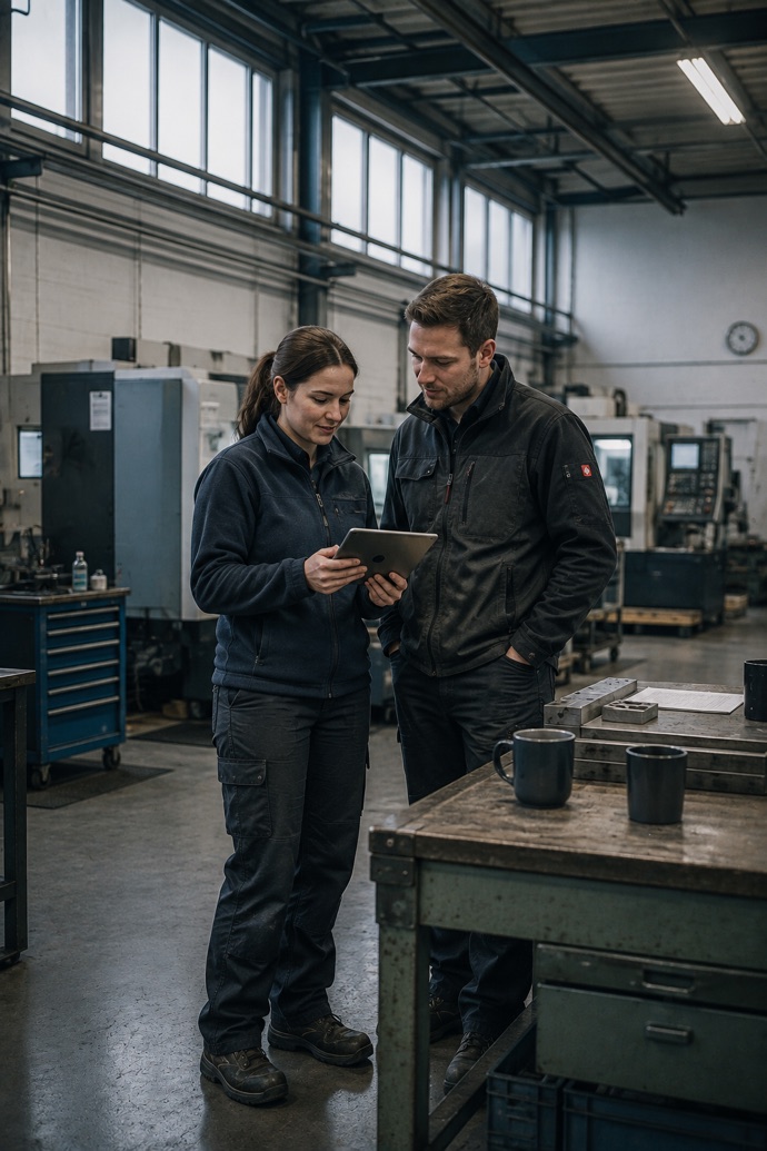 Plastics processing: production in view Two employees in a workshop with CNC machines look together at a tablet