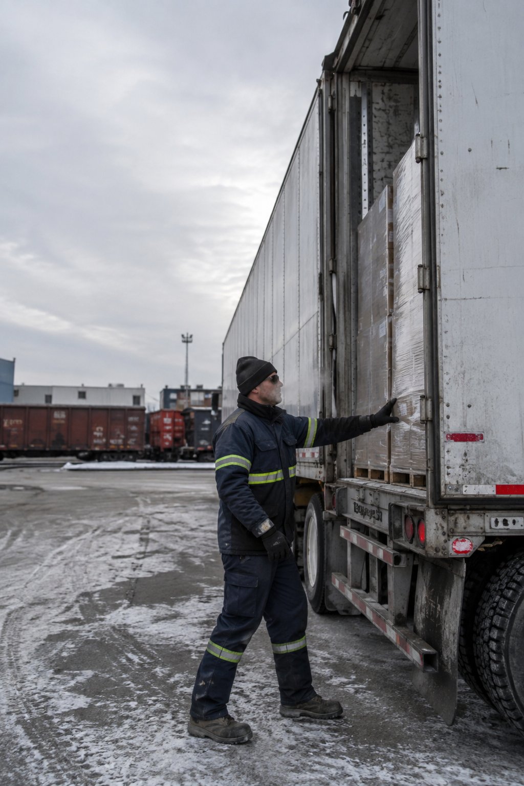 An employee in winter clothing checks a pallet in the snow at a truck, their breath visible in the cold