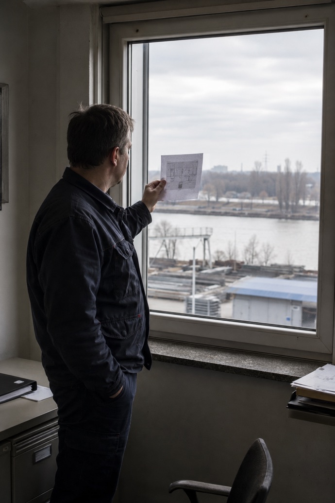 An employee holds a site plan up to an office window overlooking a river with a crane and building materials