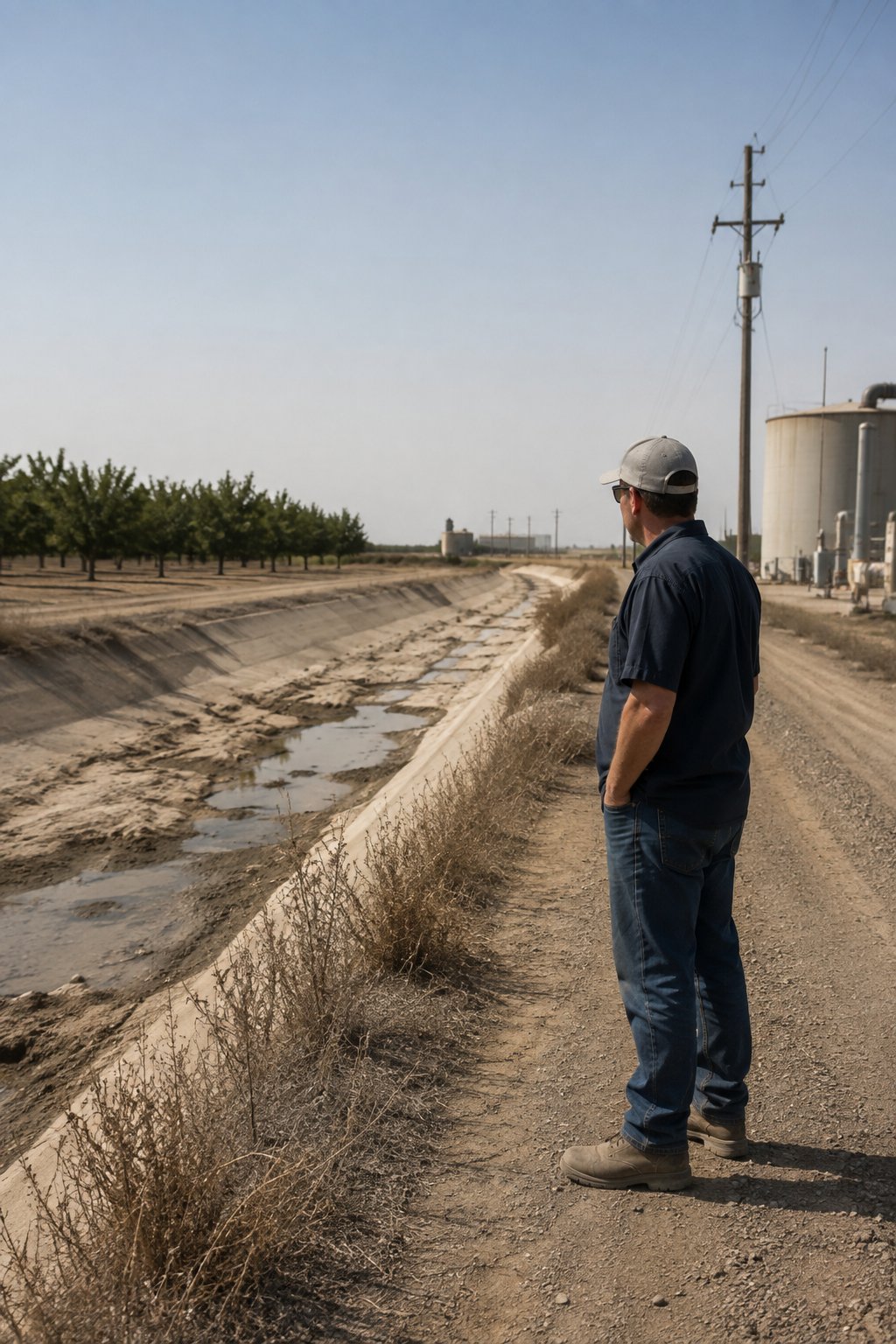 A farmer looks at a dried-out irrigation canal next to an orchard