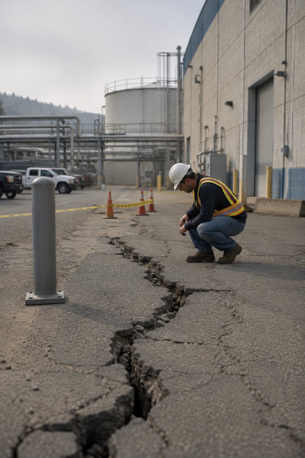 An employee wearing a hard hat examines a crack in the asphalt outside an industrial facility