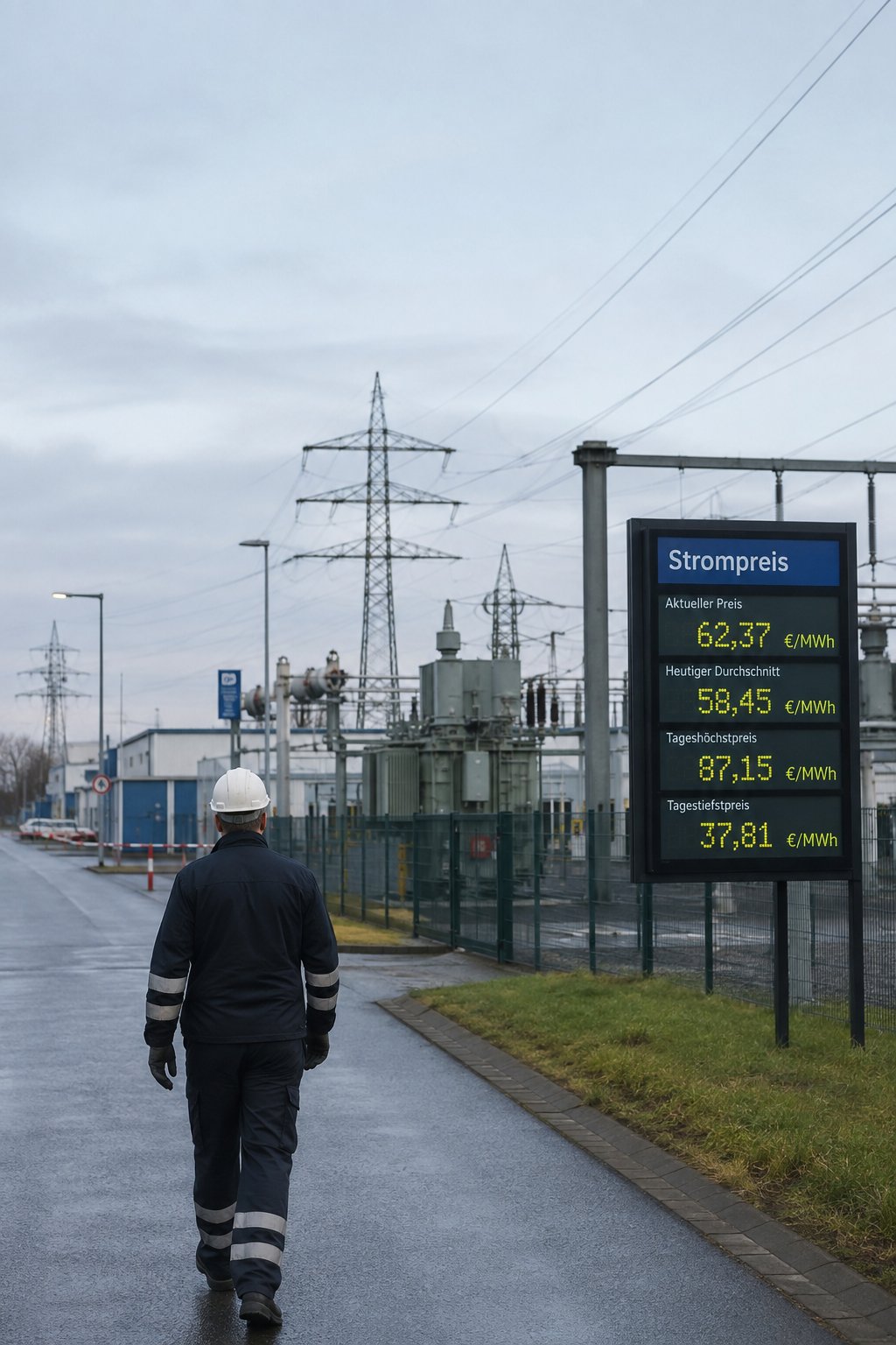 An employee walks past a substation next to a display showing the current electricity price