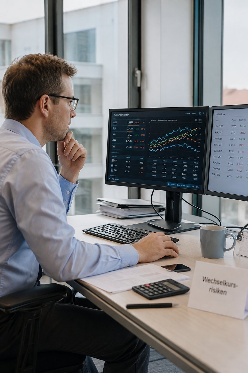 An employee looks at exchange rates and currency trends on two screens