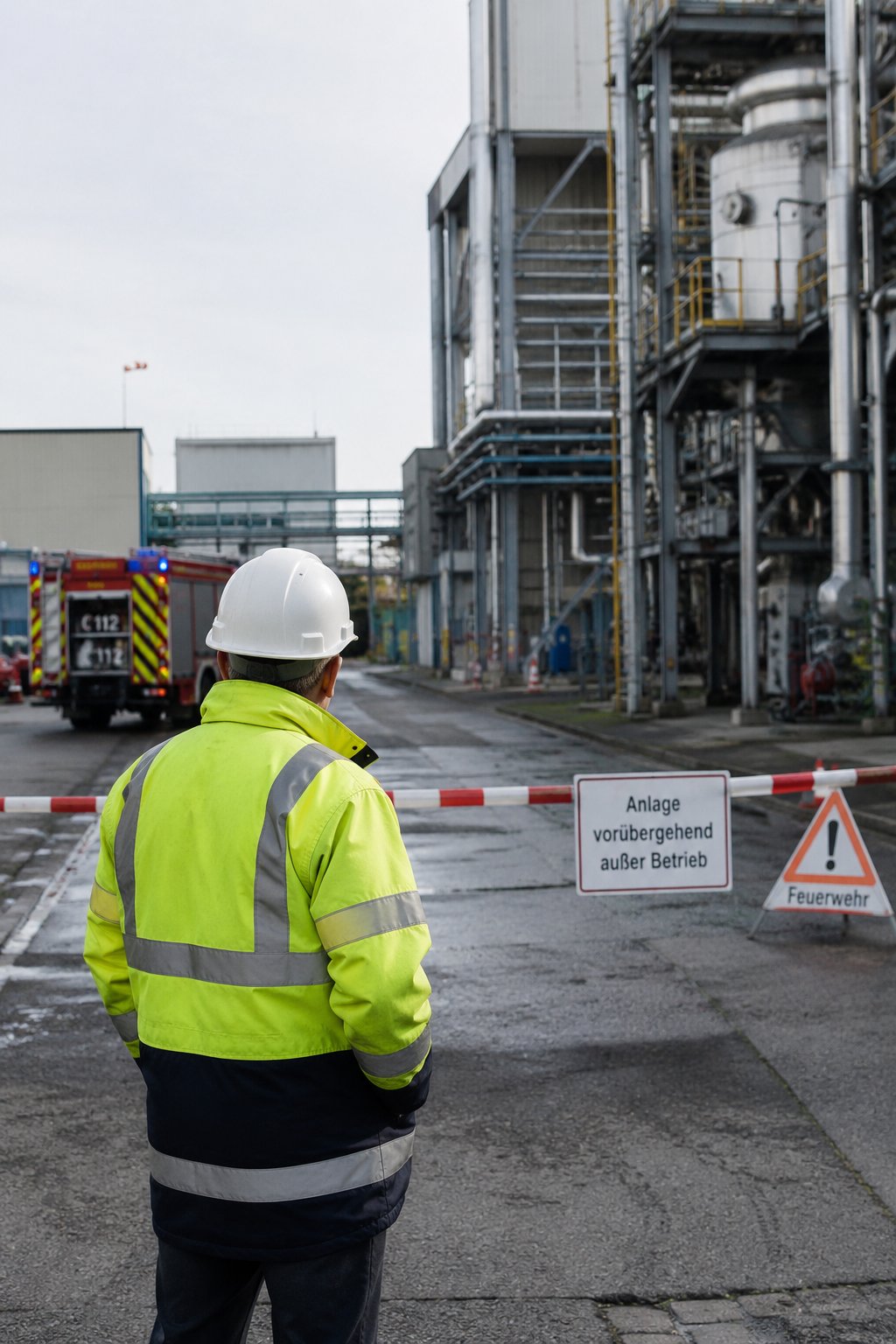 An employee stands in front of a closed industrial facility with a sign reading „Facility temporarily out of operation“
