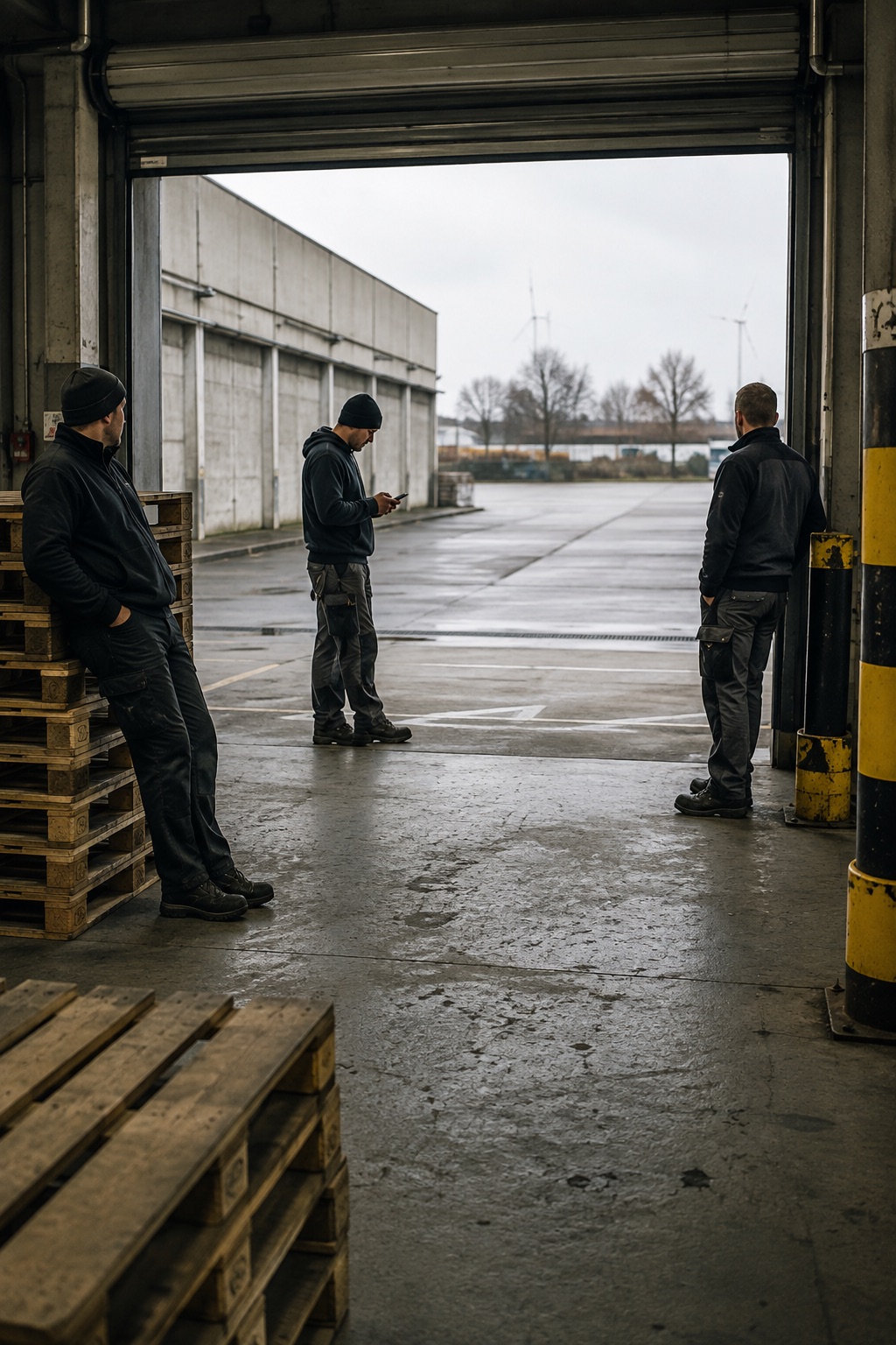 Employees wait at the warehouse gate at goods receiving, outside an empty, wet yard