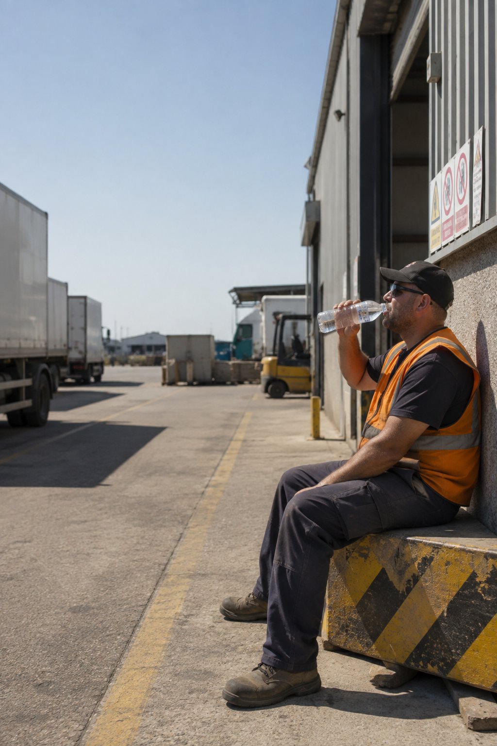 An employee drinks water from a bottle at the loading dock in blazing sunshine