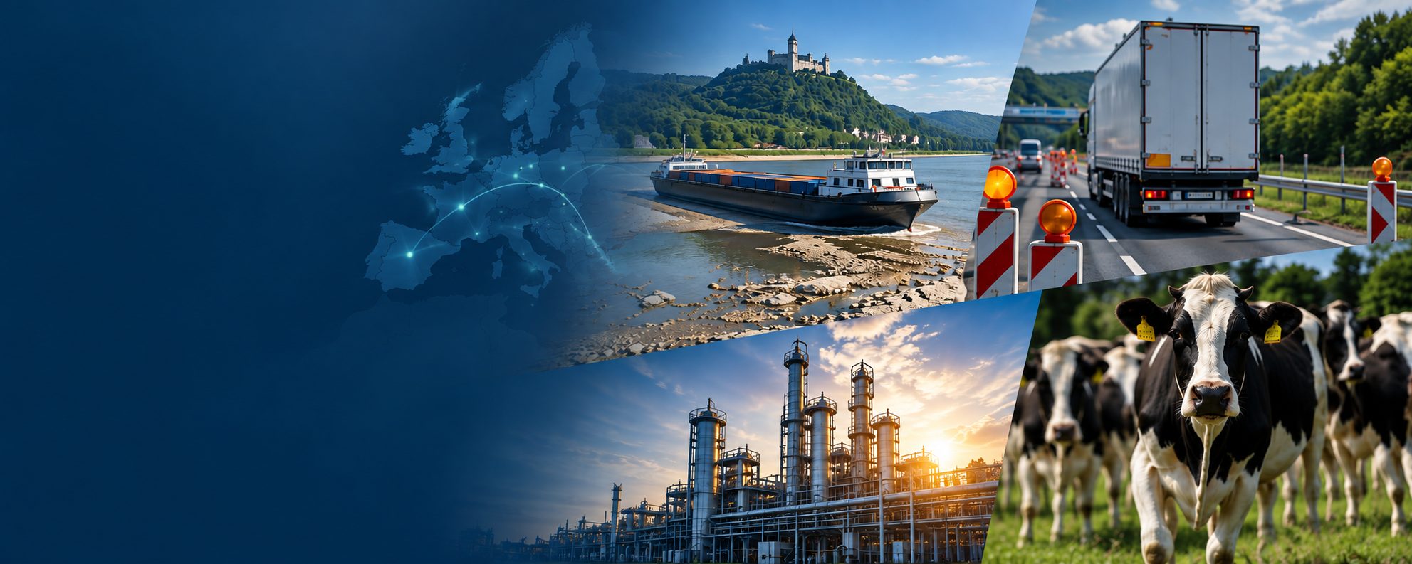 Photo collage of a Europe map, a barge on a river at low water in front of a castle, a truck at a motorway construction site, an industrial plant at sunset and a herd of cattle in a field