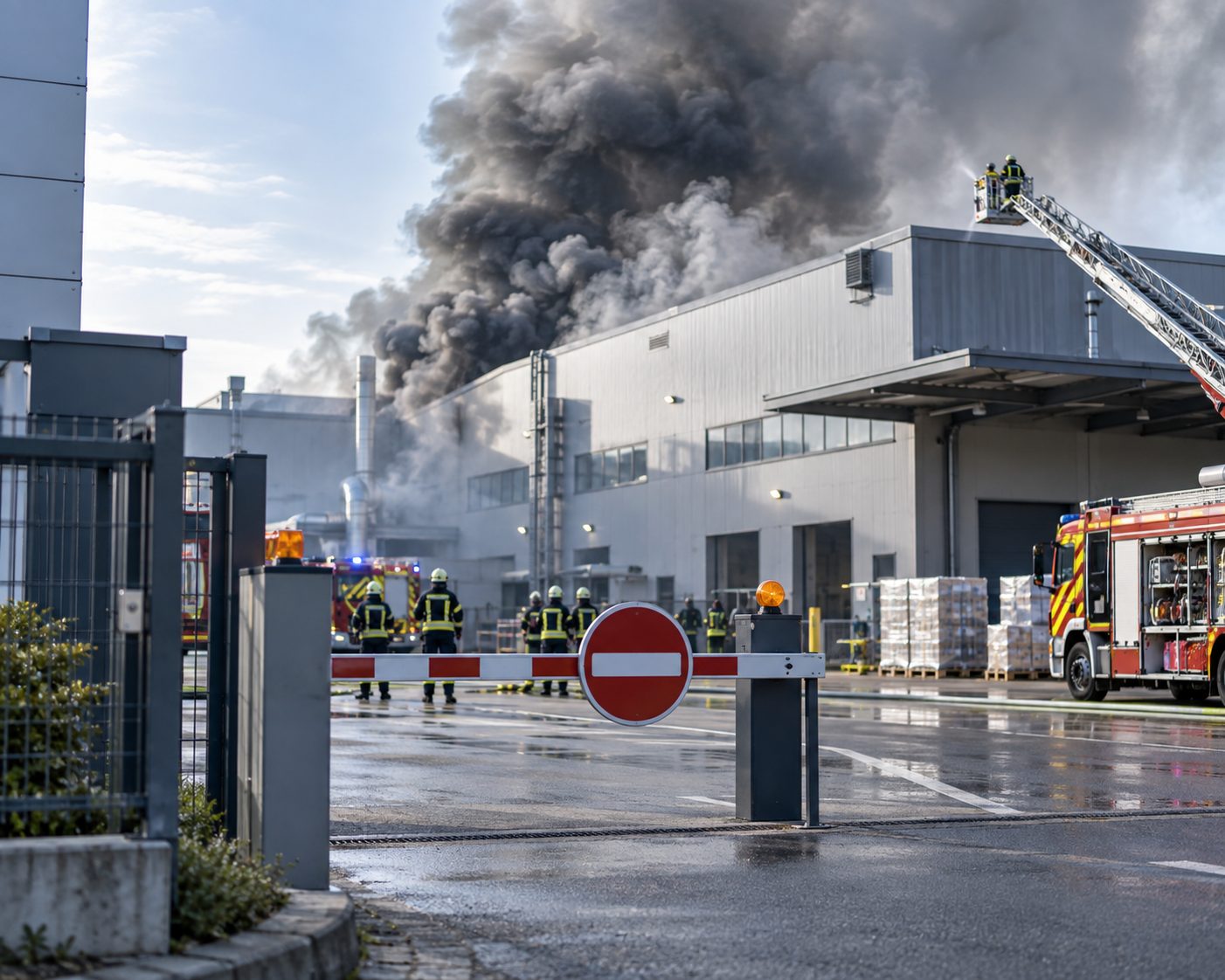 Abgesperrte Zufahrt mit Einfahrtsverbot-Schild vor einer brennenden Lagerhalle, im Hintergrund Feuerwehr im Löscheinsatz mit Drehleiter