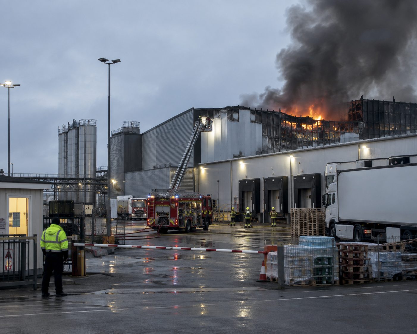 Brennende Lagerhalle mit dichter Rauchsäule, Feuerwehr im Löscheinsatz mit Drehleiter, im Vordergrund Lkw an der Laderampe und eine Person in Warnweste an der Schranke