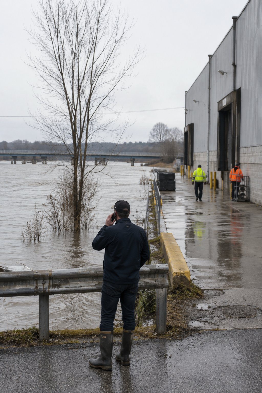 An employee is on the phone by a river carrying floodwater next to a warehouse building