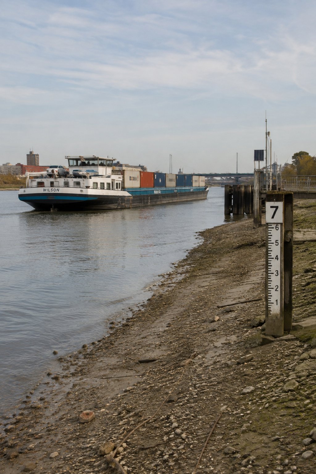 A loaded inland vessel passes a gauge staff showing a low water level