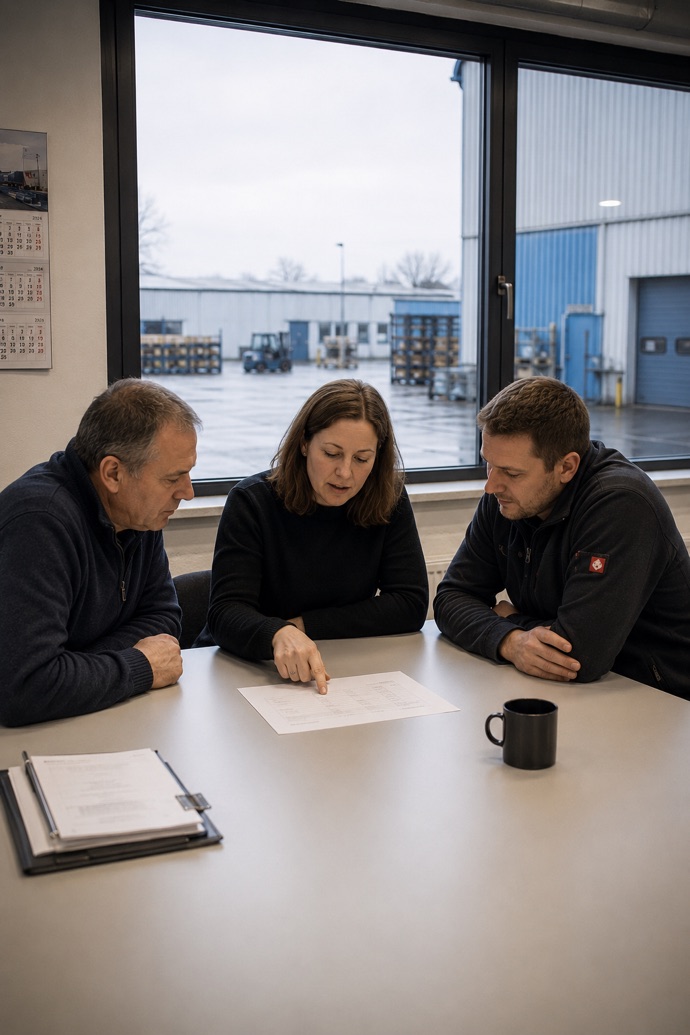 Meat processing: restricted zones and supply in view Three employees discuss a document at a table, with a storage yard and forklift visible through the window