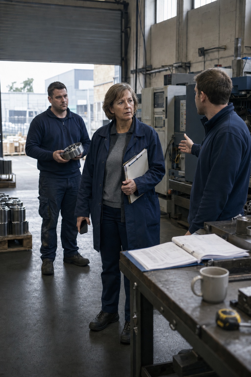 Electroplating: electricity prices and inputs in view Three employees discuss a metal part in a workshop, binders on the work table