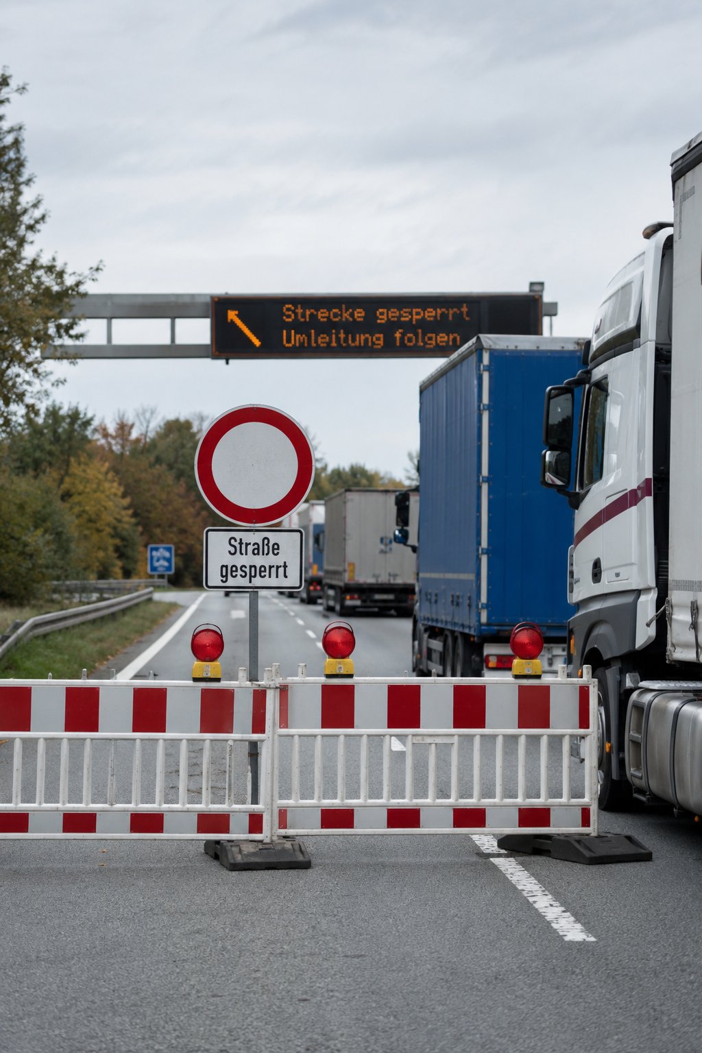 Trucks queue in front of a closed motorway section with a diversion sign