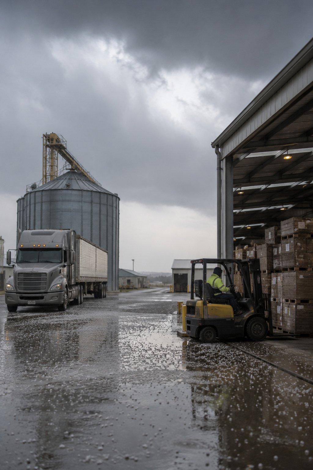 A forklift loads during hailfall in front of a warehouse, hailstones cover the yard