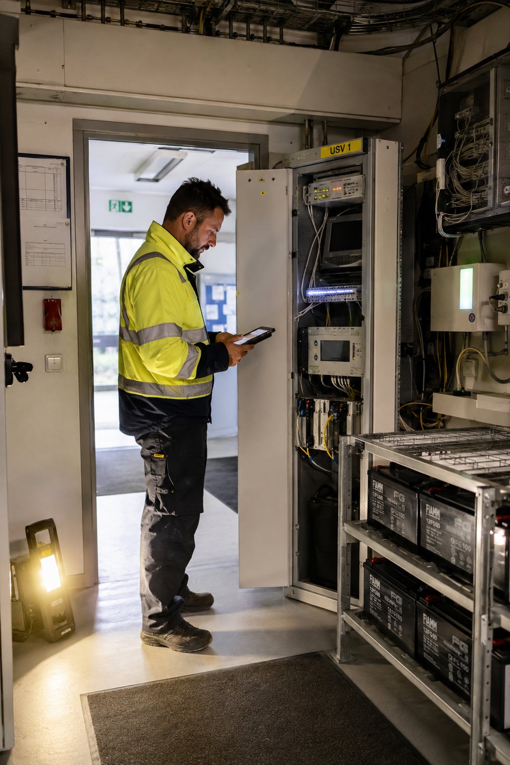 A technician checks an emergency power supply in a server room using a tablet