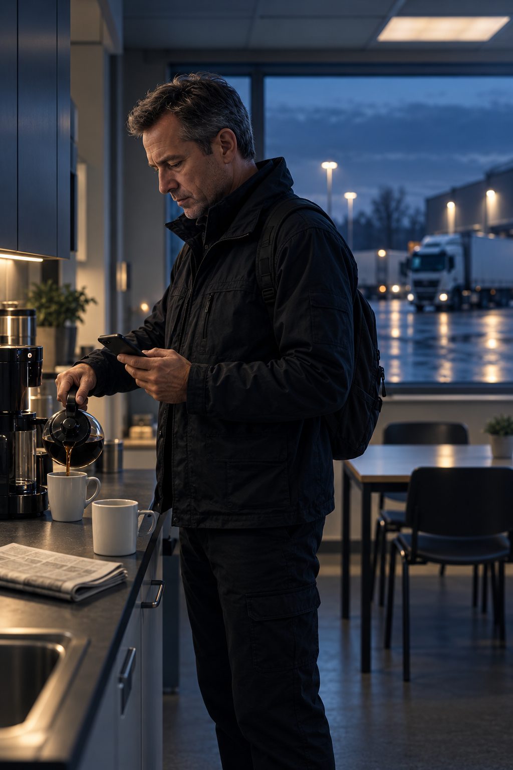 Ein Mann in Arbeitsjacke mit Rucksack schenkt sich frueh morgens in einer Aufenthaltsraumkueche Kaffee ein und blickt dabei auf sein Telefon; durch das Fenster steht im Dunkeln ein Lkw mit laufenden Scheinwerfern