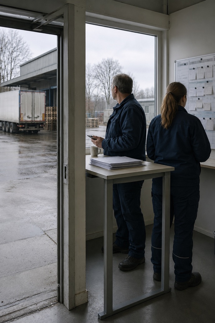 Logistics: transport routes in view Two employees stand at a high table and look through a window at a truck by the loading dock, with a pinboard of notes beside them