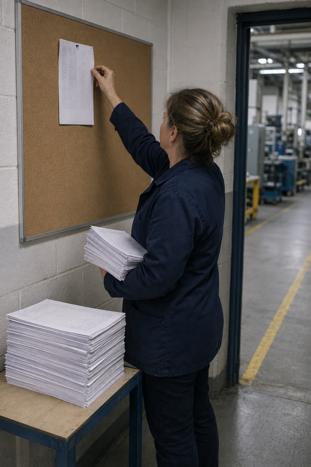 Semiconductor and electronics manufacturing: clean-room operations in view An employee pins a sheet to a noticeboard in a plant corridor, the production hall in the background