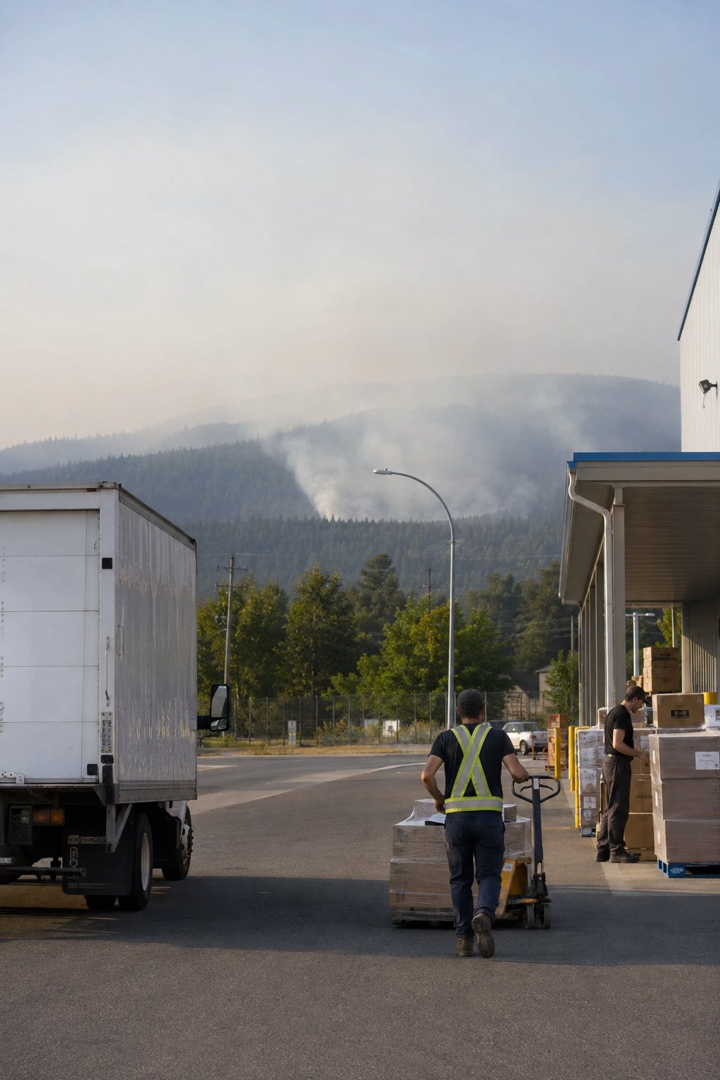 A warehouse employee pulls a pallet toward the loading dock, smoke hangs over wooded hills in the background